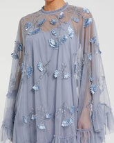 Blue Embellished Long Flare Sleeve Mesh Trapeze Dress